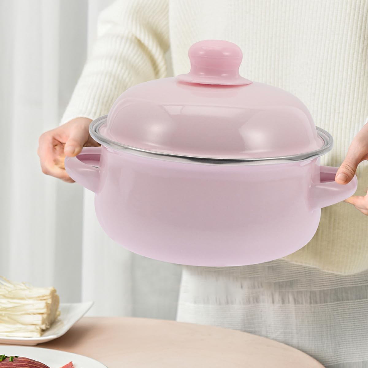 VICASKY Marmite en Émail Épais 1,7l avec Double Poignée 18 Cm Rose Casserole Rétro Antiadhésive pour Ragoûts et Soupes, Ustensile la Cuisine Vintage pour Cuisson Gaz et Électrique