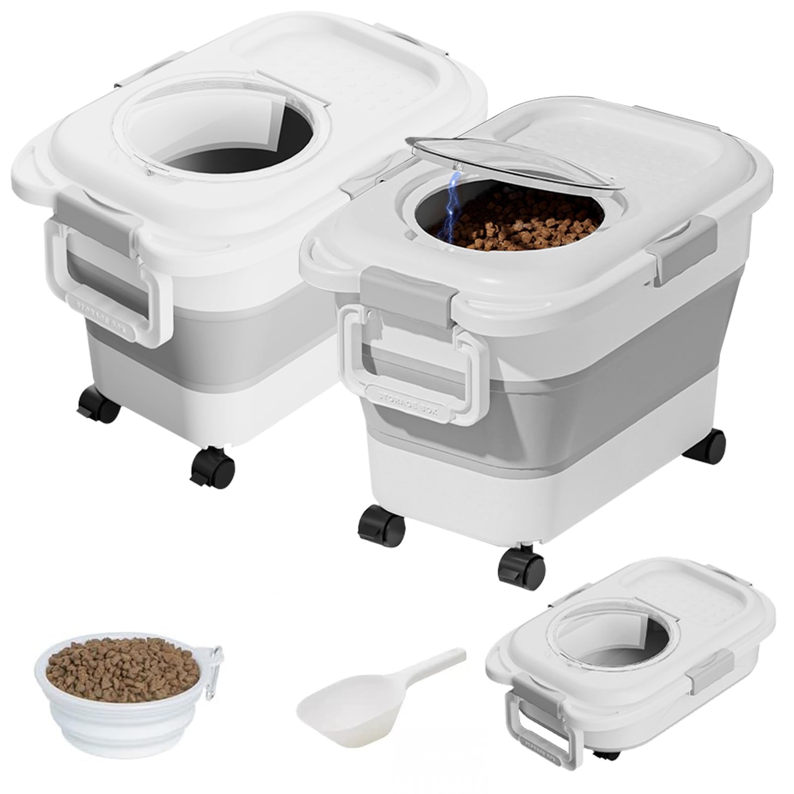 2PCS Dog Food Storage Container,Collapsible Dog Food Container with Travel Silicone Bowl and Scoop for Dog/Cat/Bird Food,Keep Dry Food Fresh,Easy to Move.white(18LB*2)
