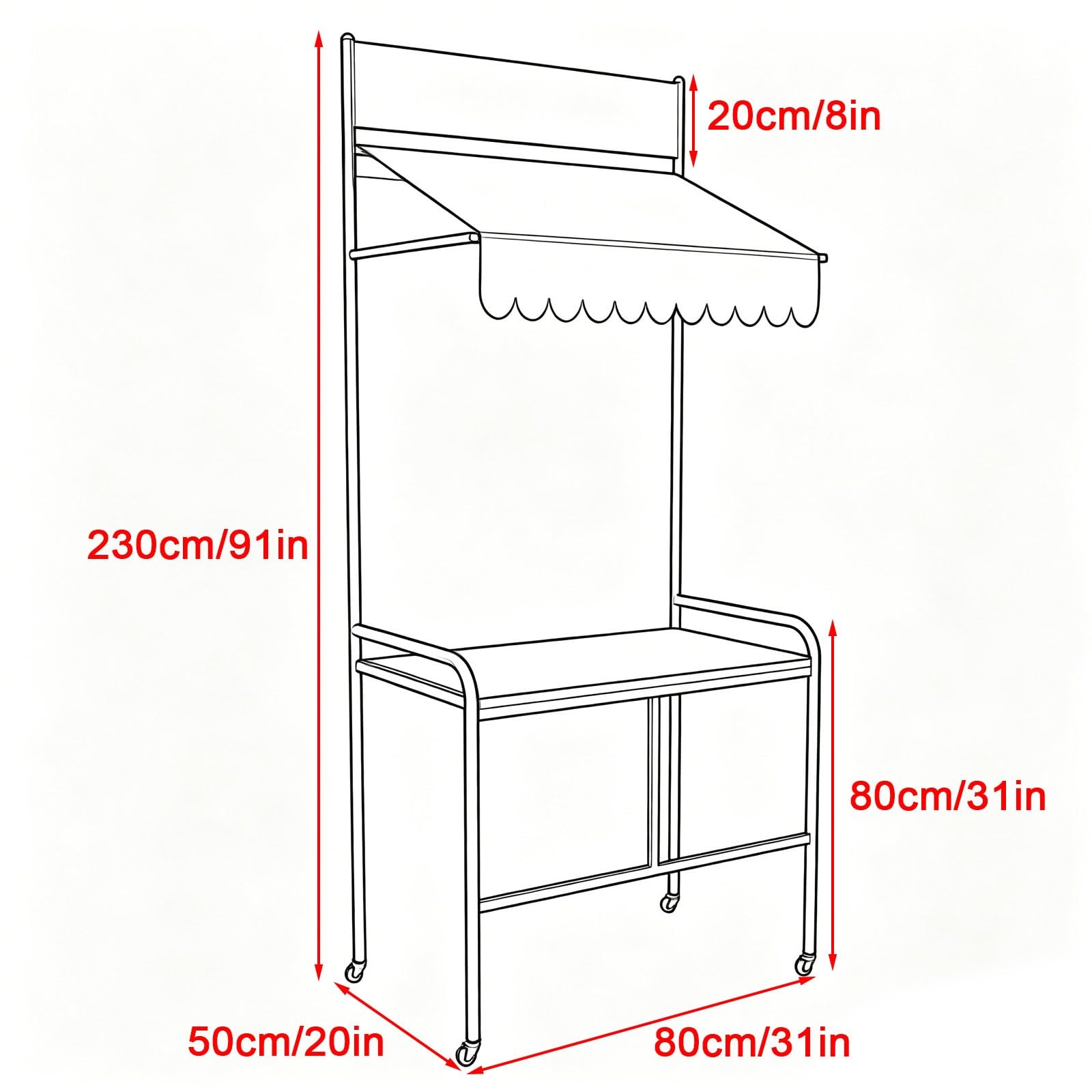 Carrello mobile dell'esposizione del mercato con il baldacchino e le ruote, scaffale portatile del fornitore per eventi, banco del mercato degli agricoltori per fiori e dessert