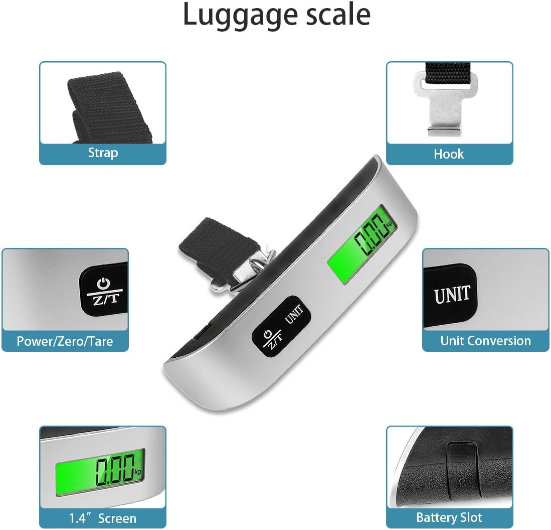 Luggage Scale, Wirezoll Digital Hanging Luggage Scale with LED Display for Travel, Temperature Sensor, 110 Pounds/50 Kg, Silver