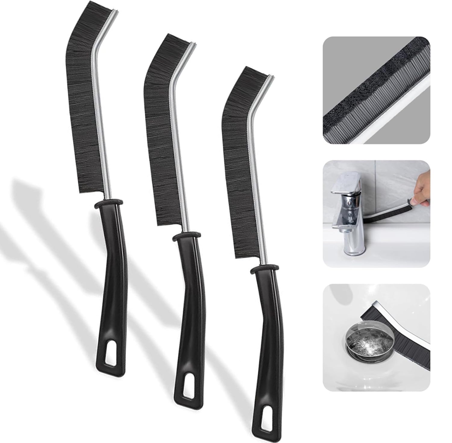 3PCS Crevice Cleaning Brush, Multifunctional Gap Small Cleaning Brush Tool, Bathroom Gap Brush, Grout Cleaner Brush Hard Bristle Crevice Cleaning Brush,Window Groove Cleaning Brush (Black)