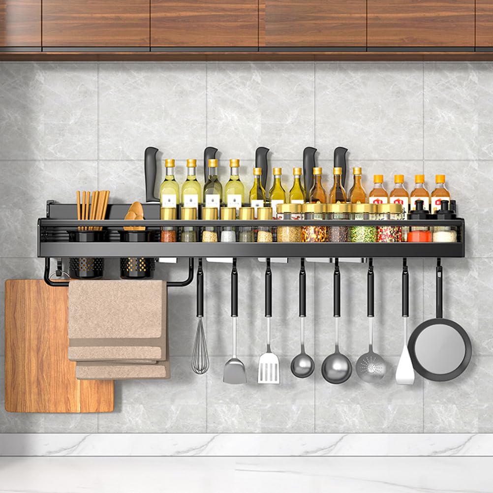 Estante para Especias de Pared - Estantes de Cocina de 70 cm para frascos y Botellas de condimentos. Elegante solución de Almacenamiento Colgante en Color Negro para una organizaci