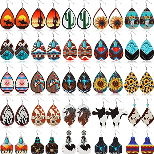Batiyeer 25 Pairs Western Cowboy Earrings Jewelry Set Boho Vintage Handmade Bohemian Turquoise Cow Print PU Leather Wood Teardrop Dangle Earrings for Women