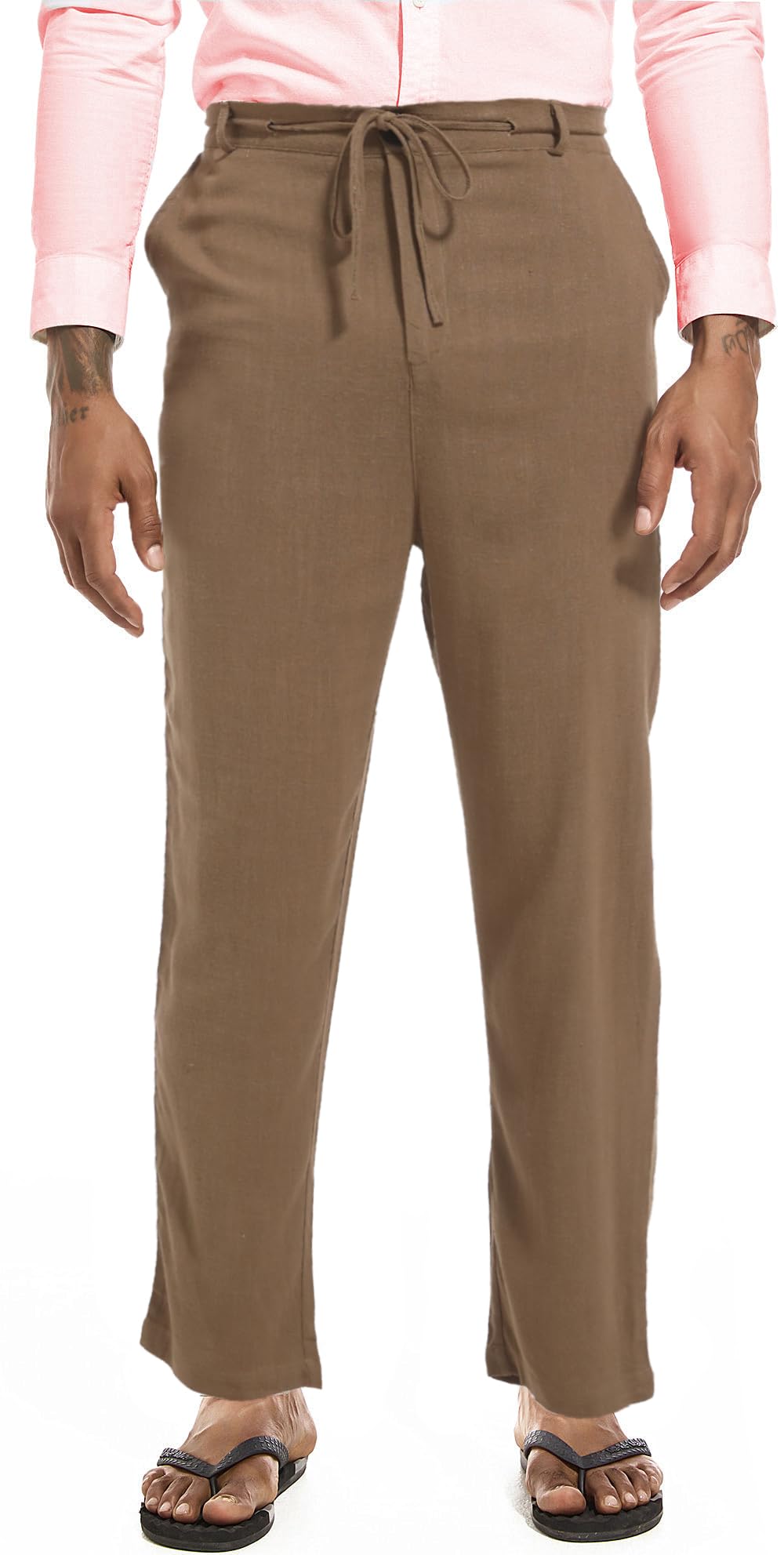 Mens Drawstring Linen Pants Casual Elastic Waist Straight Loose Trousers