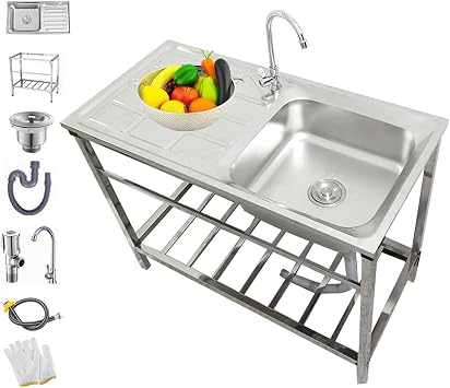 Garden Stainless Steel Sink Workstation Backyard Garage Single Bowl Sink Portable Utility Sink w/Drainer Unit & Faucet, Hand Washing Basin Silver