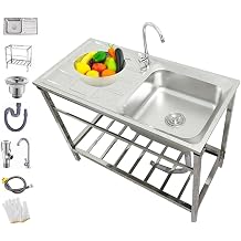 Garden Stainless Steel Sink Workstation Backyard Garage Single Bowl Sink Portable Utility Sink w/Drainer Unit & Faucet, Hand Washing Basin Silver