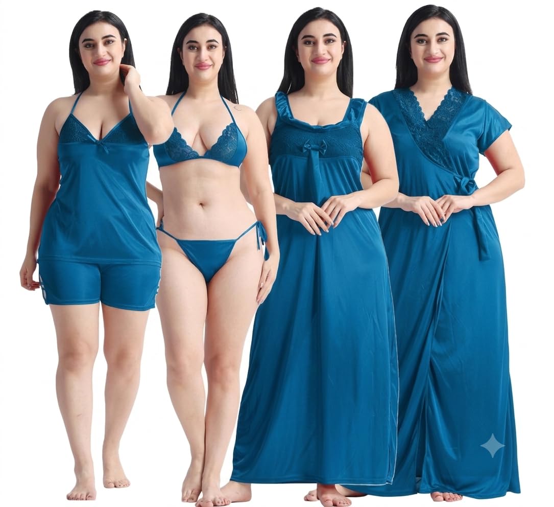 Women's 6-Piece Satin Nighty Set - Silky Nightwear Gown, Robe, Camisole, Shorts, and Lingerie Set,Chic Fitz-image-38