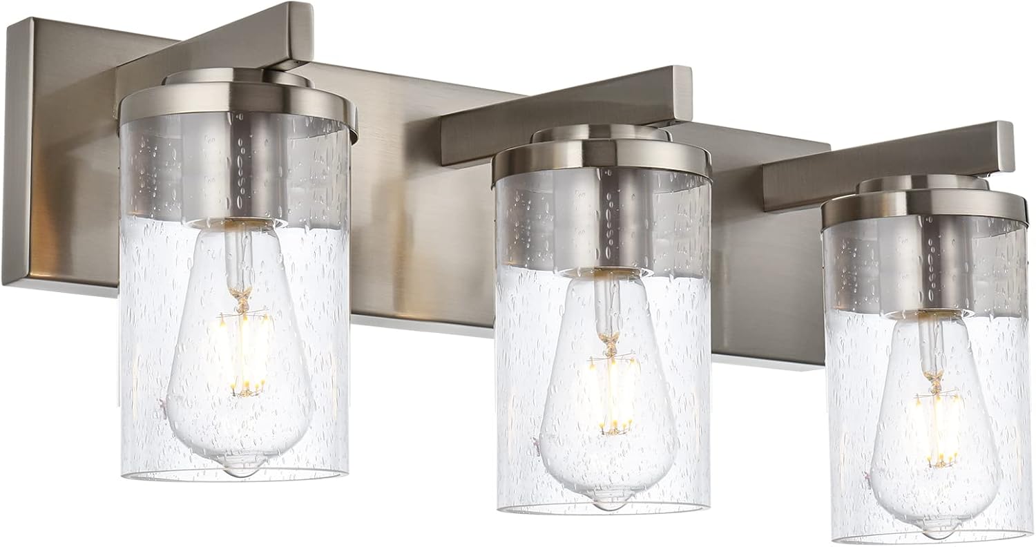 BONLICHT Brushed Nickel Vanity Light 3 Lights Modern Bathroom Light Fixtures Over Mirror with Seeded Glass, Industrial Metal Indoor sconces Wall Lighting for Powder Room Hallway Kitchen Sink Cabinet