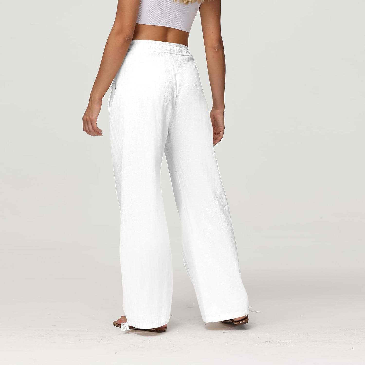 Wide Leg Linen Pants for Women Drawstring High Waisted Loose Beach Pants Summer Casual Work Pants Trouser with Pocket