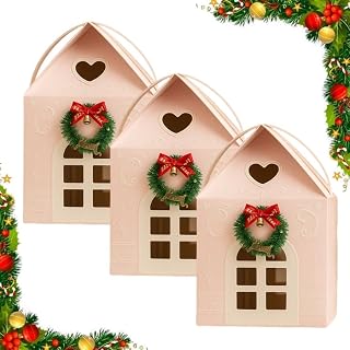 WJVV Christmas Wonderland Cottage Gift Box, 3D Pop Up Christmas House Gift Boxes, Reusable Christma House Packaging for Candies with Lid for Home Presents Candies Container (Pink, 3PCS)