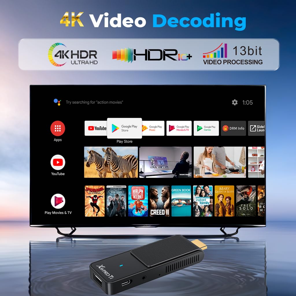 GREVA TV Stick Android 4K Ultra HD - Streaming Device, Latest Android 14.0 TV Stick Box 2 GB 16 GB HDR/AV1/2,4G/5G WiFi/BT 5.0, 3D HD Smart Box Streaming Media Player with Assistant Voice Remote
