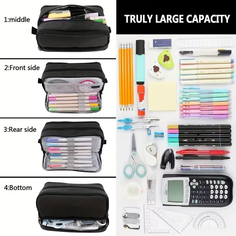 Image of WORSHIPER Large Capacity 4 Compartments Pouch, Pencil Case with Zipper Portable Handle, Aesthetic Pencil Case Stationery Organizer for Office College School Teen Girl Boy (4 Compartment Black Pouch)