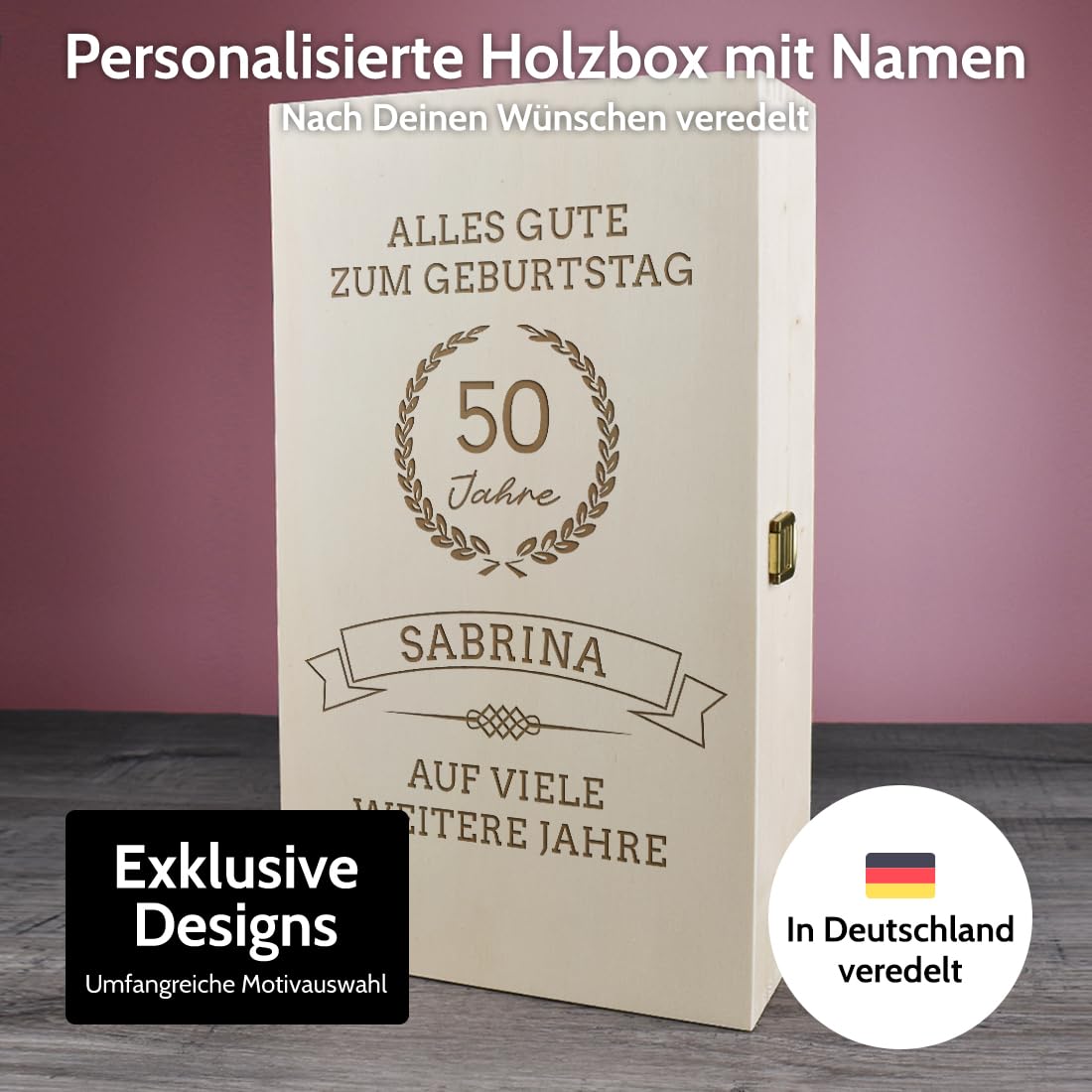 polar-effekt 3-teiliges Set Sektgläser & Holzbox mit personalisierter Gravur - beinhaltet 2 Gläser & Kiste aus Fichtenholz - Geschenk zum Geburtstag & Jubiläum