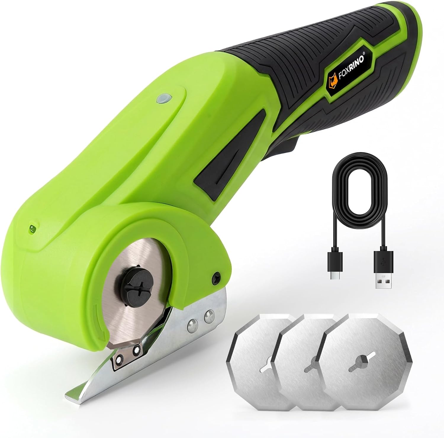 Foxrino Cordless Electric Cardboard Cutter & Power Scissors, 350RPM High-Torque Motor, 3 Alloy Steel Blades for Thick Cardboard - Heavy Duty Box Cutter for Fabric, Plastic with Safety Lock