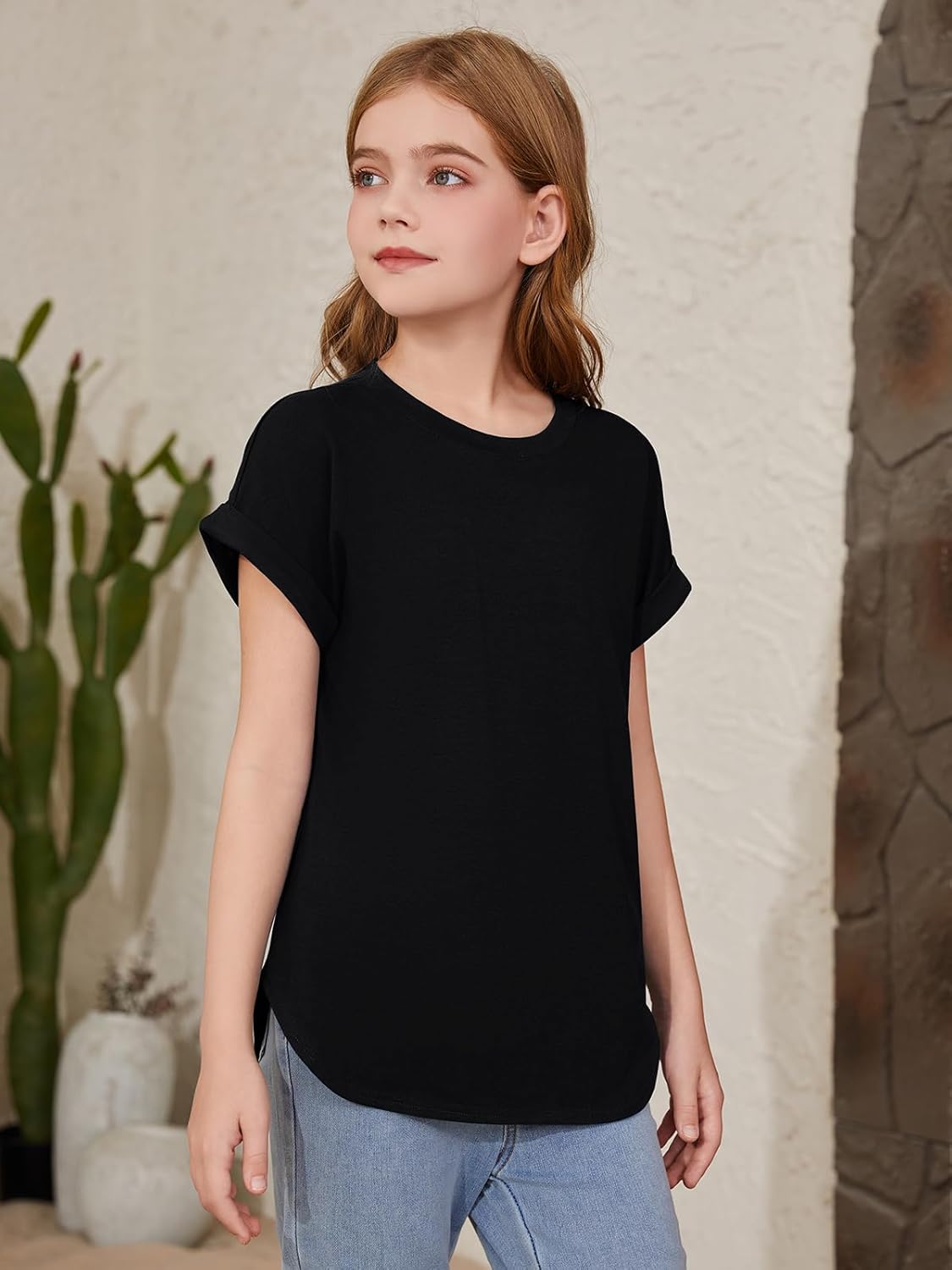 ZDC Girls Short Sleeve T Shirts Kids Crewneck Curve Hem Soft Tunic Tops Summer Tees 5-14 Years - Image 2