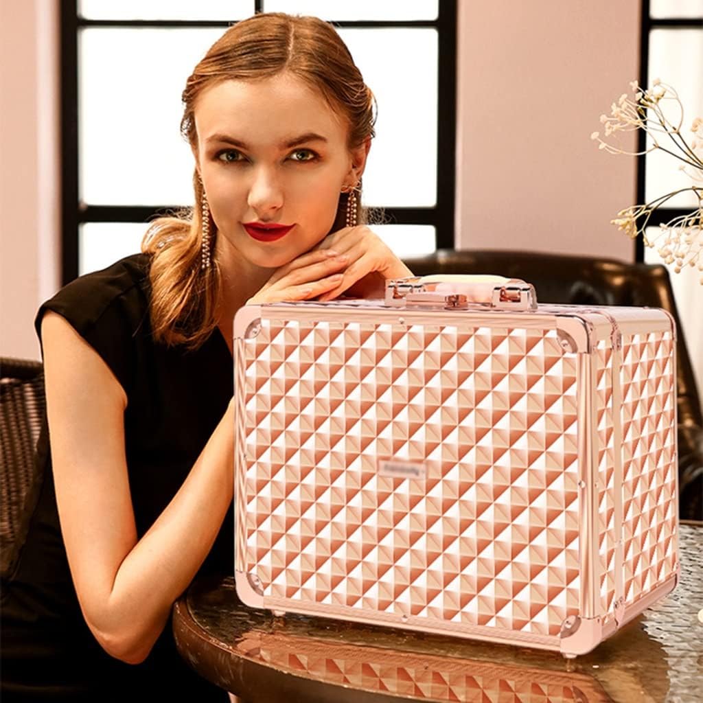 makeup box Portable Makeup Box,14-inch cosmetic storage box, Suitable for makeup artists/long trips,can be hand-held/hangable luggage box hanging rod ( Color : Rose gold , Size : 36*16.3*27.6c