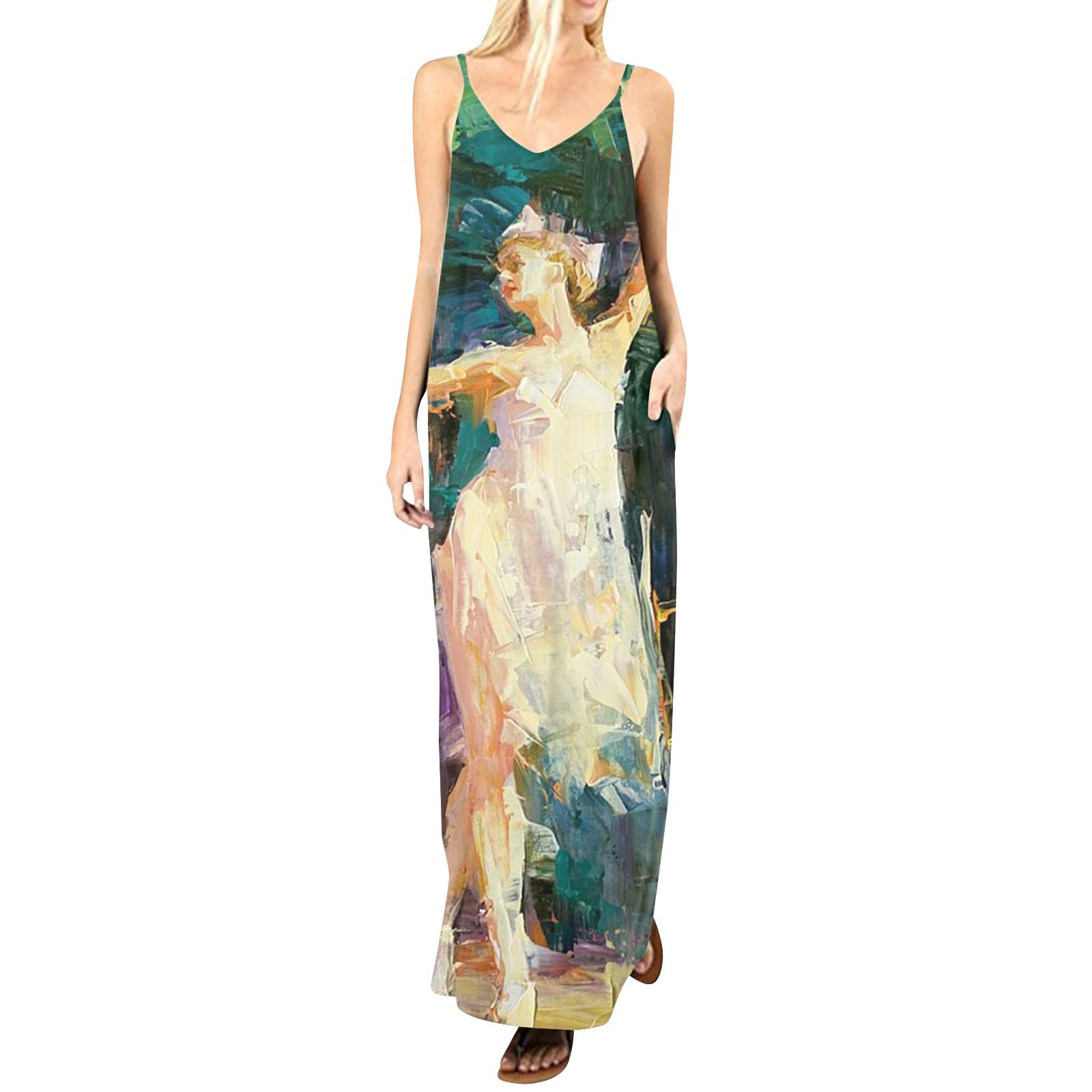 Womens Dresses,Spaghetti Strap Tank Tops Dress Printed U Neck Sleeveless Beach Dress Loose Fit Dress with Pocket