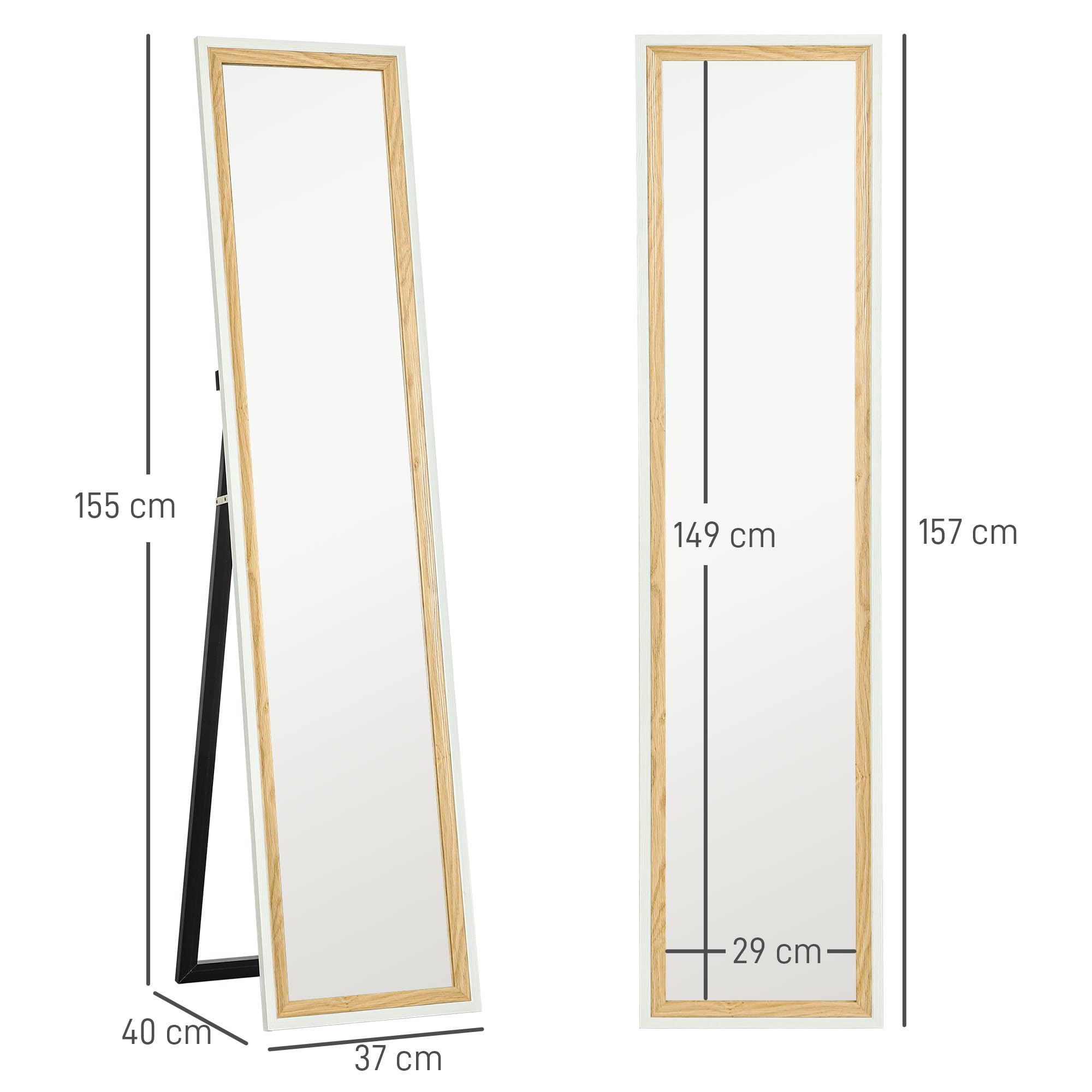 HOMCOM Specchio da pavimento completo, lunghezza 157 x 37 cm, specchio su piedistallo rettangolare con telaio in effetto legno, montaggio a pavimento, sospeso o appoggiato contro la parete, per
