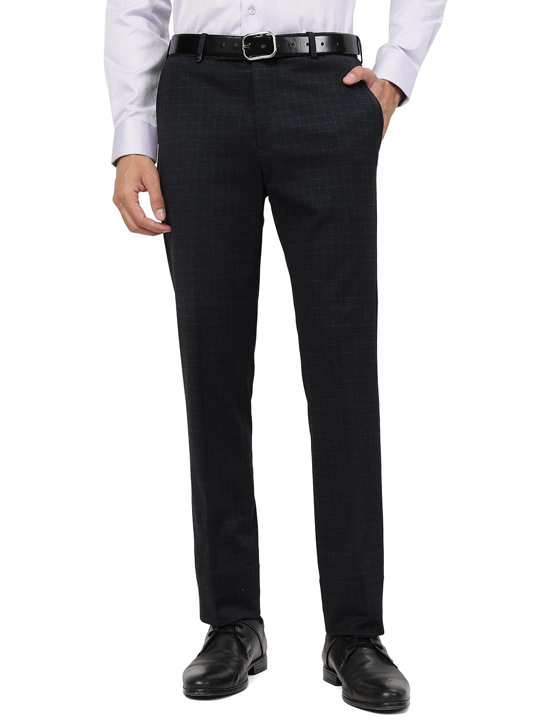 JadeBlueMen's Navy Blue Terry Rayon Slim Fit Checked Formal Trouser - K5XZ