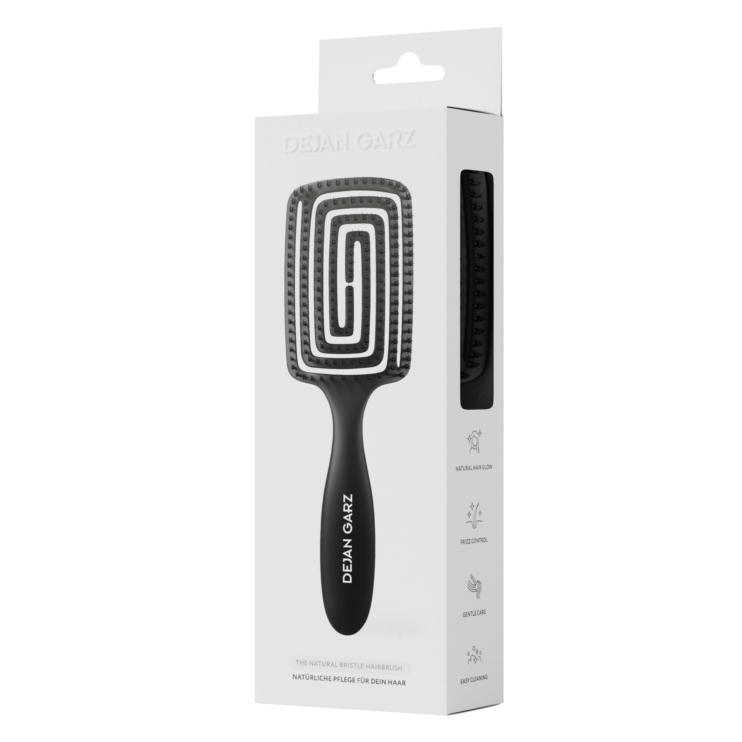 Dejan Garz Bürste mit Wildschweinborsten Schwarz (1 Stk) – Haarbürste ohne Ziepen für feines & mittleres Haar – Hair Brush für Glanz & Geschmeidigkeit inkl. Reinigungsbürste - 3