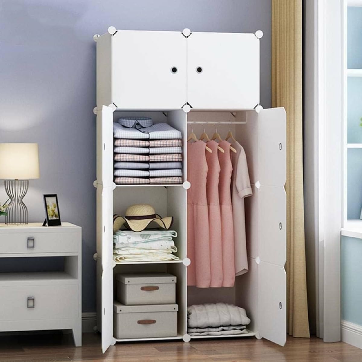 8 Door Kids Plastic Wardrobe for Clothes, Foldable Plastic Almirah for Toys & Clothes, Collapsible Wardrobe for Storage, Baby Cupboard for Clothes, Storage Rack for Kids (White, 8 Door)