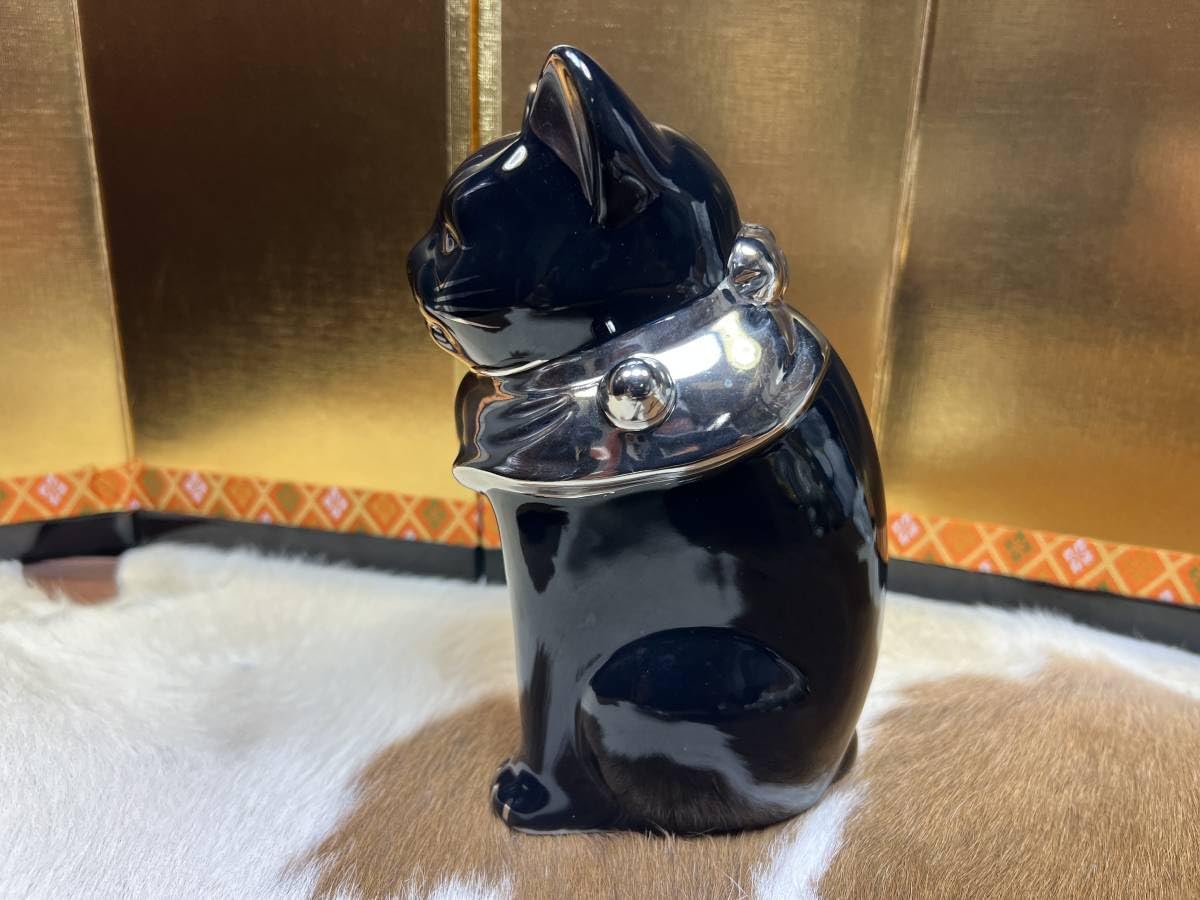 Amazon.co.jp: 高級銀色プラチナ黒猫招き猫置物陶器ねこネコ九谷瀬戸