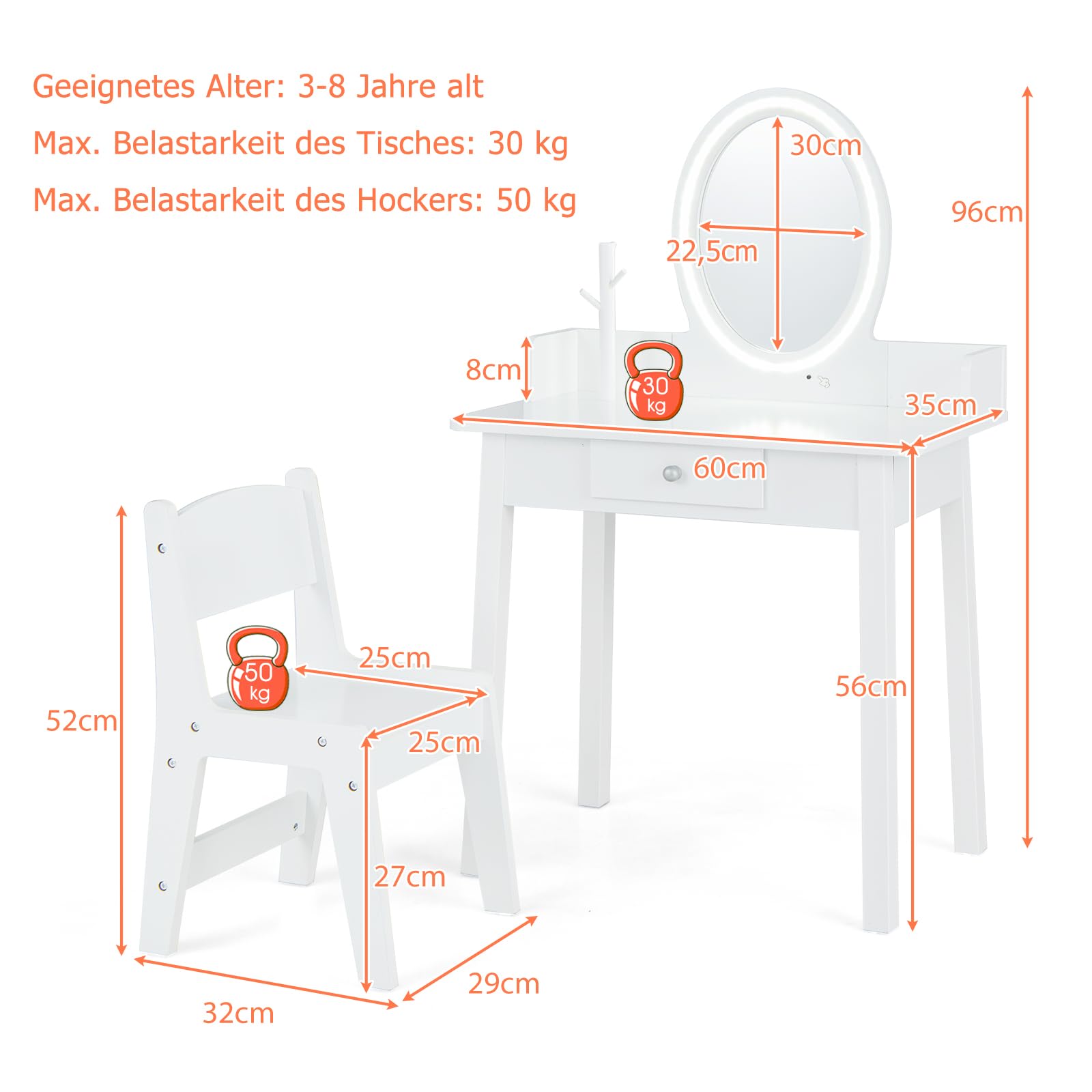 DREAMADE Schminktisch Kinder mit LED-Spiegel & Kiefernholzbeine, Prinzessin Frisiertisch mit Schublade & Schmuckständer, Kinderschminktisch mit Hocker für Kinder Mädchen (Weiß)