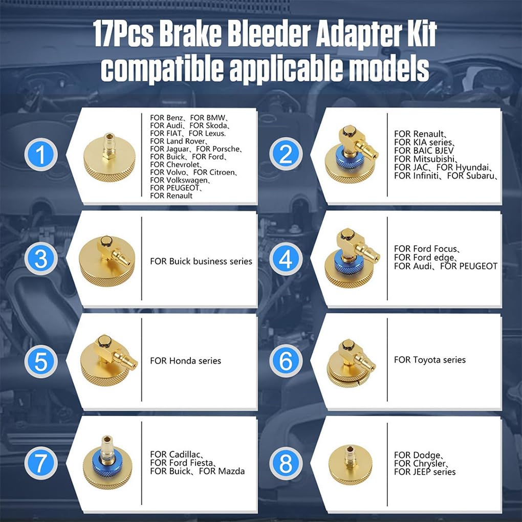 Kit de 17 adaptadores de Purga de líquido de Frenos y Conector rápido para facilitar el Cambio y el Transporte del líquido de Frenos. Conector