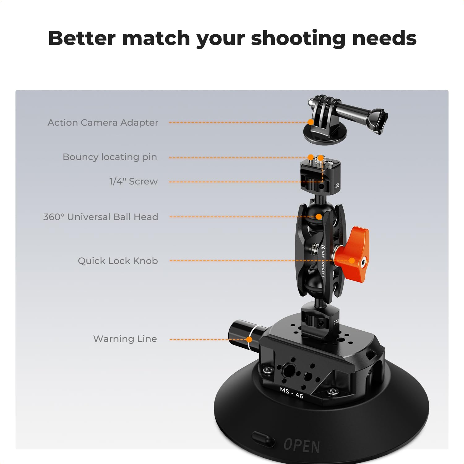 K&F CONCEPT 6" Saugnapfhalterung mit Kugelkopf, 1/4" 3/8" Gewinde | Für Insta360 X5 X4, GoPro, DJI Osmo Action 5, Handy, Auto, 360° verstellbar, MS46