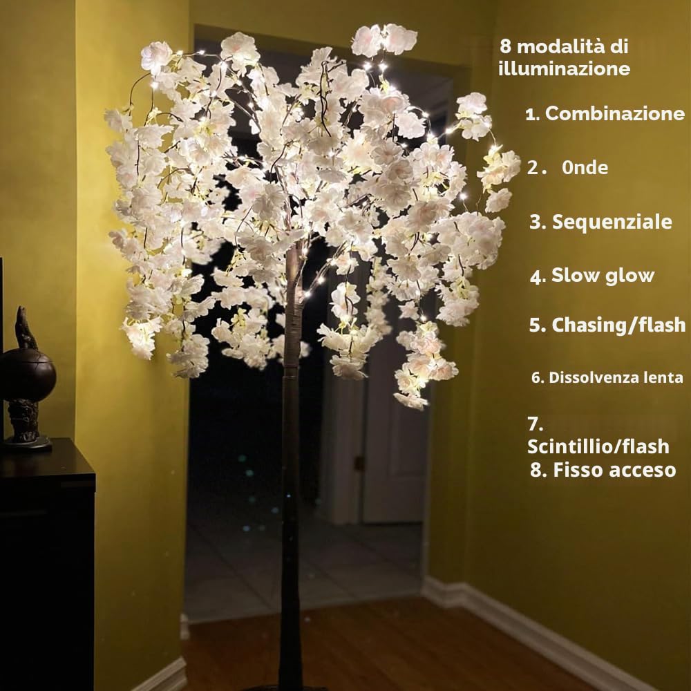 Albero di ciliegio illuminato, albero artificiale a LED, 1,2 m, albero di fiori di ciliegio rosa, con luce per decorazione di interni, cortile di famiglia, festa di matrimonio, festa di Natale, bianco