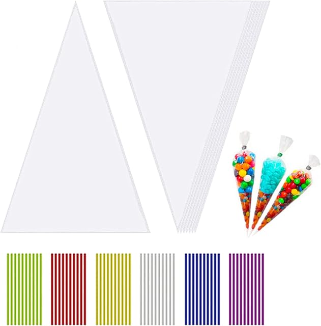 100 Pcs Clear Cone Bags Sweets Cellophane Treat Bag for Baking, Candy, Cookie, Displaying, Wrapping Halloween Triangle Goody Bags OPP Treat Bags Sweet Party Gift Bags