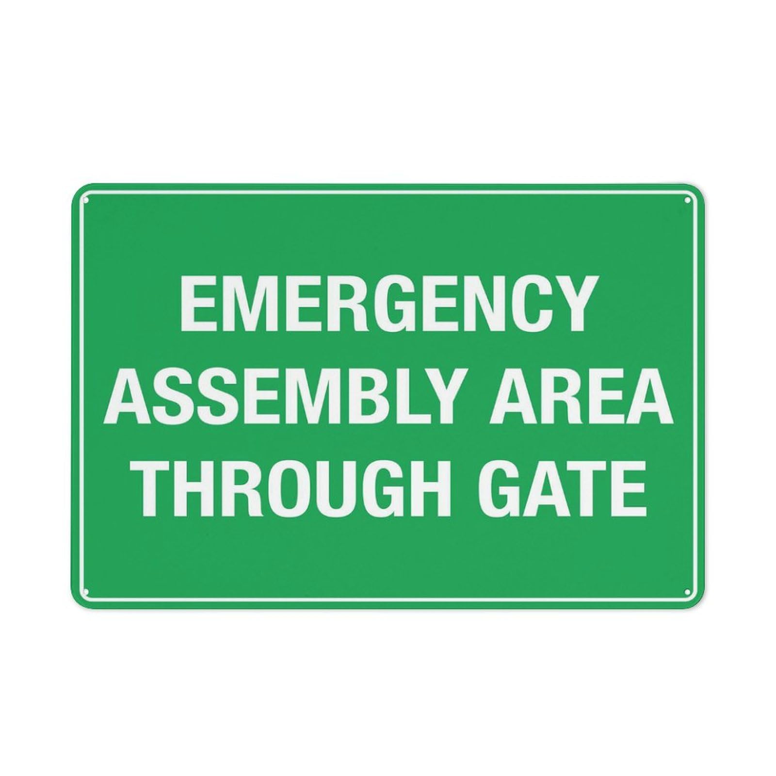 Emergency Assembly Area (Through Gate) Sign, 8x12 Inch Metal Aluminum, Pre-Drilled Holes for Easy Mounting, Indoor/Outdoor Use for Fence, Door, Gate