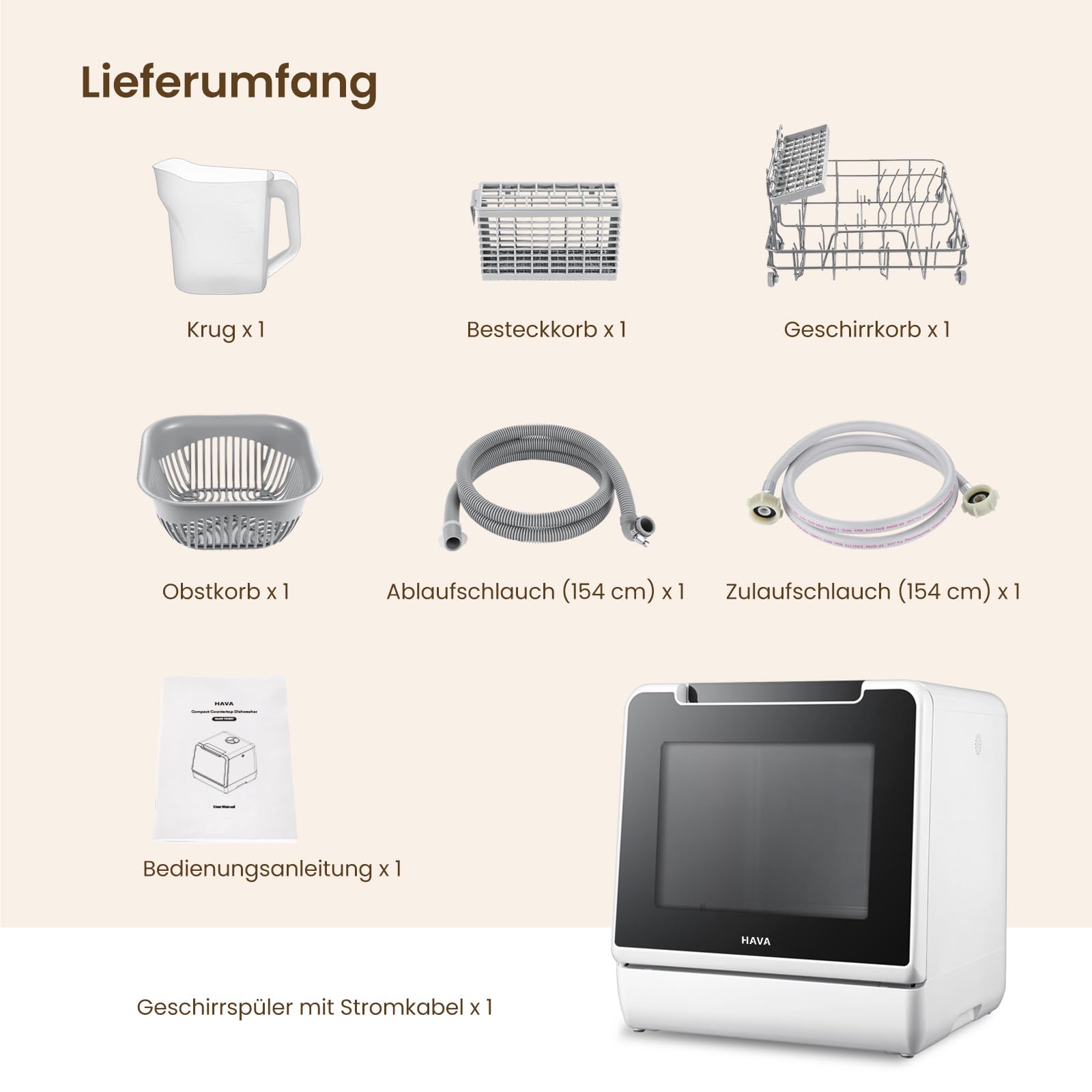HAVA Tischgeschirrspüler 8 Programme Mini Spülmaschine mit Kindersicherung Startverzögerung 5L Wassertank