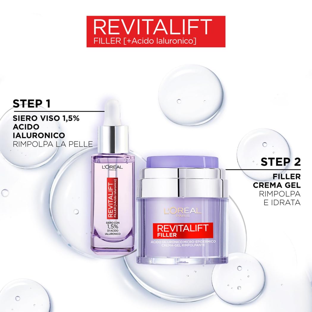 L'Oréal Paris Routine Rimpolpante e Anti-rughe, Con Siero Viso e Crema-Gel, Pelle Idratata più a Lungo, Rughe Ridotte, Con Acido Ialuronico, Revitalift Filler