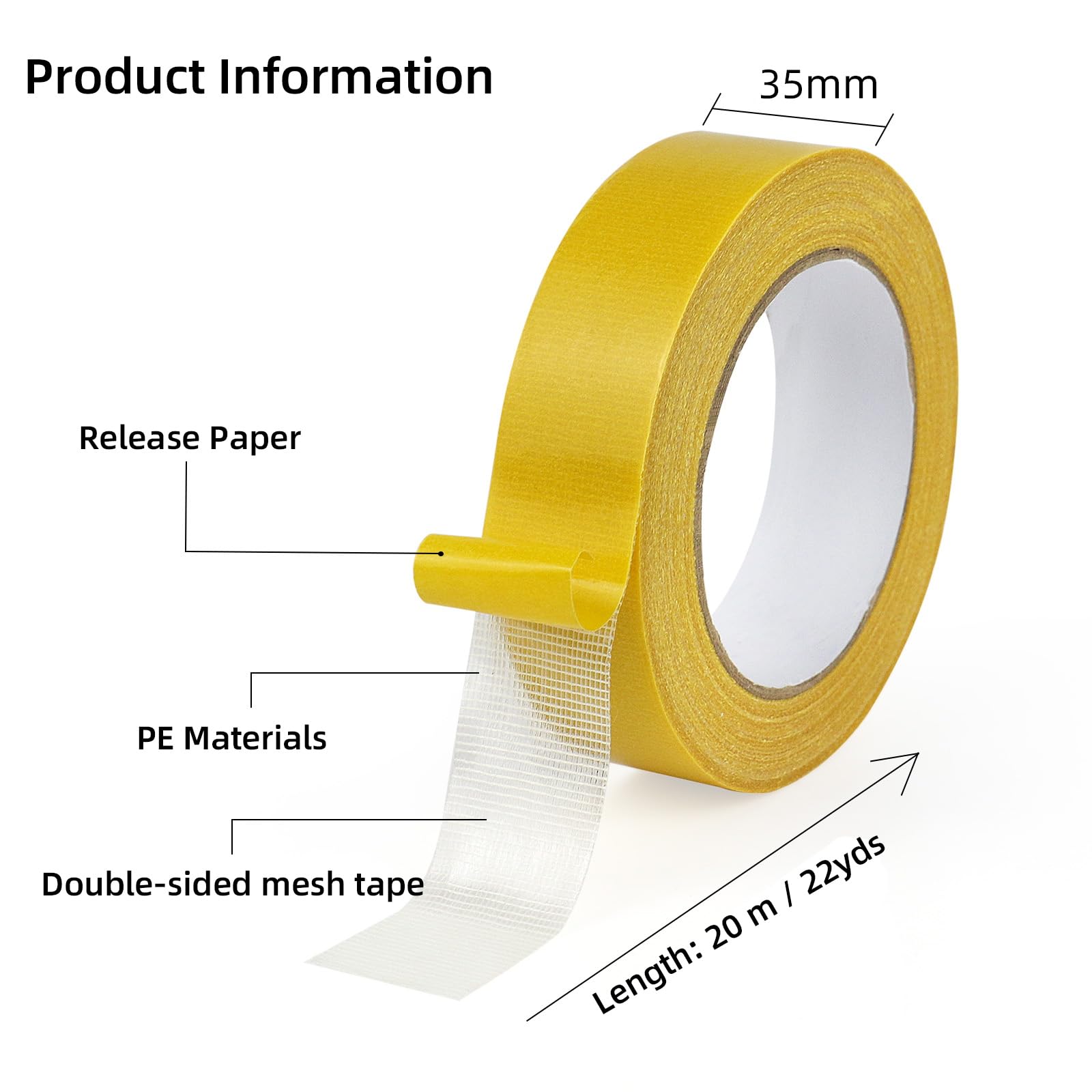 BOMEI PACK Lot de 3 rouleaux de ruban adhésif double face en papier jaune 35 mm x 20 m super adhésif pour tapis, sol, décoration murale et loisirs créatifs