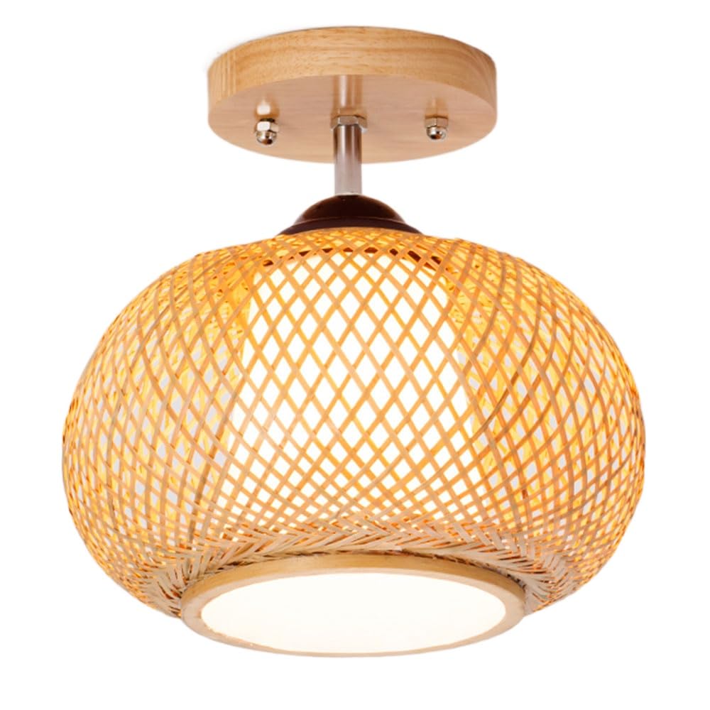 OZBMA Bamboo Woven Semi Flush Mount Ceiling Light Handmade Round Drum Lampshade Wicker Sconce Lamp Vintage LED Chandeliers for Home Décor Dining Room,Bedroom (size_name 25cm)