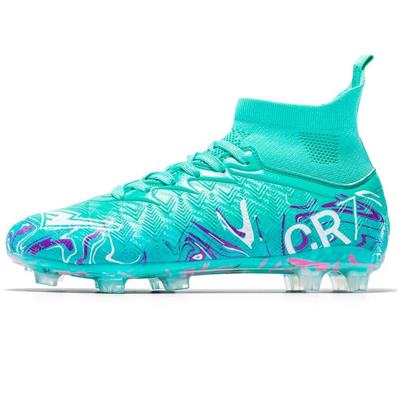 High-top Men's Soccer Shoes Featuring a Knitted Collar and Graphic Design Patterns, Available in Pink, Black, Gold, and Green.