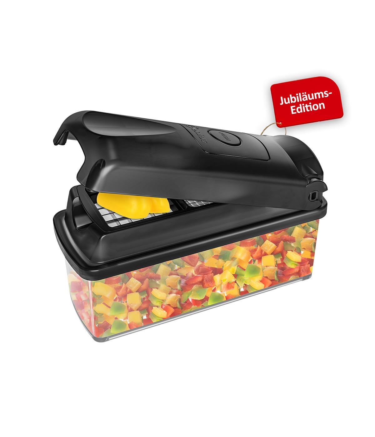 Genius Nicer Dicer Plus Gemüseschneider 17-tlg Jubiläums-Edition – Gemüsehobel Reibe mit 1.5L Auffangbehälter mit Deckel, Spiralschneider, Zwiebelschneider, Würfel, Stifte, Scheiben, Rezeptheft