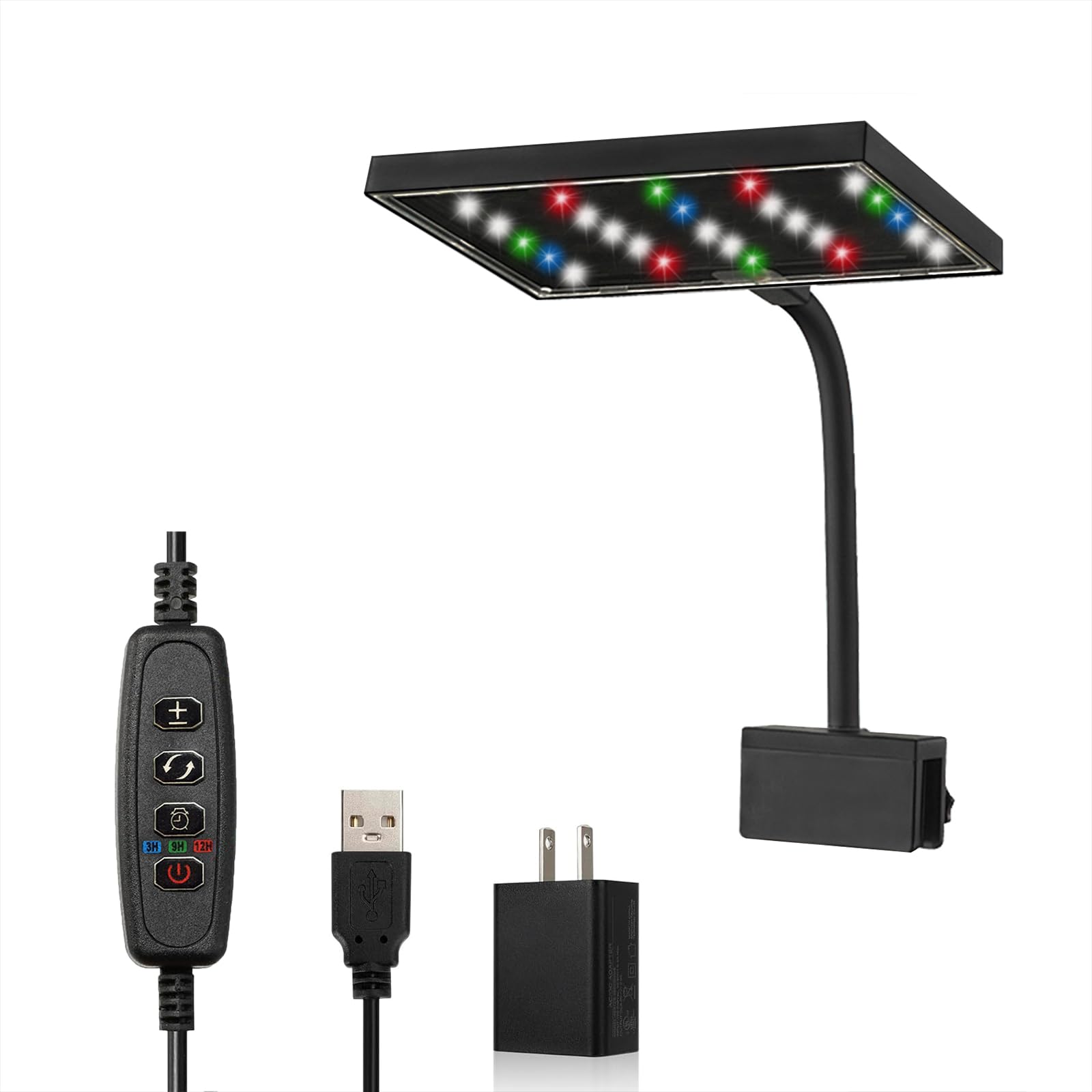 Carefree Fish Aquarium LED Light USB 5V RGBW 5730 Timmer 5~10Gal Fish Tank Clip Light 10 Brightness Levels 8W with USB Port (Include Power Adapter)