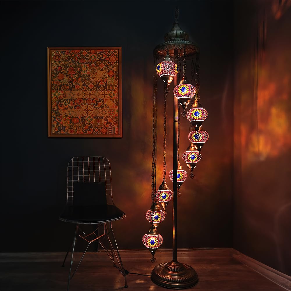 Turkish Lamp 9 Globe Mosaic Floor Lamp, Mosaic Standing Lamp, Moroccan Lamps, Floor Lamp for Decorative Home Designs Offer 5 inch Globe - Total Height 70 inch (Fire)