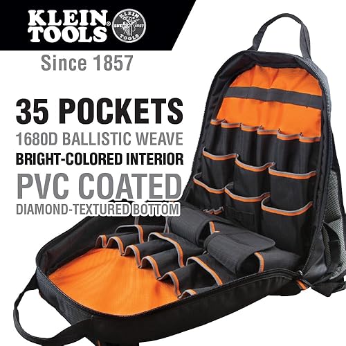 Miniatura 4 de Klein Tools 55475 Mochila de bolsa de herramientas, organizador Tradesman Pro de alta resistencia con 35 bolsillos para herramientas manuales y