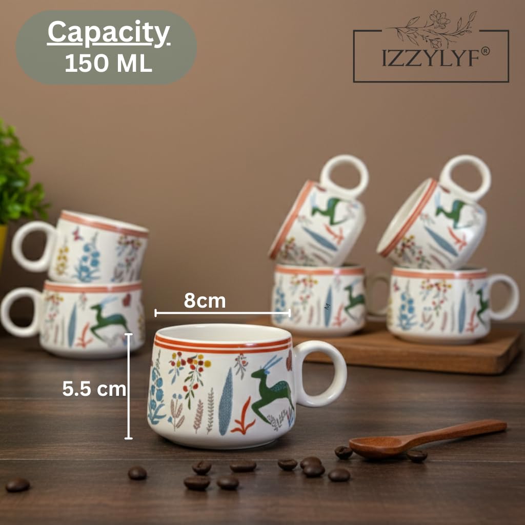 IZZYLYF 'Green Deer' Ceramic Tea Cups Set of 6 (150 ml Each) with Handle | Microwave & Dishwasher Safe | Elegant Cups for Tea Coffee Chai | Stylish Drinkware for Home Office Cafe Serving and Gifting 1