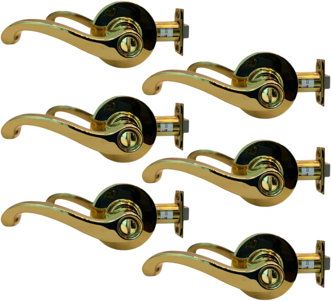 NUSET Decorative Juno Privacy Series: Left Handed (Non-Reversible) Bathroom/Bedroom Privacy Lever Set in Lifetime Polished Brass, Commercial Grade 2, Set of 6 Brass Right