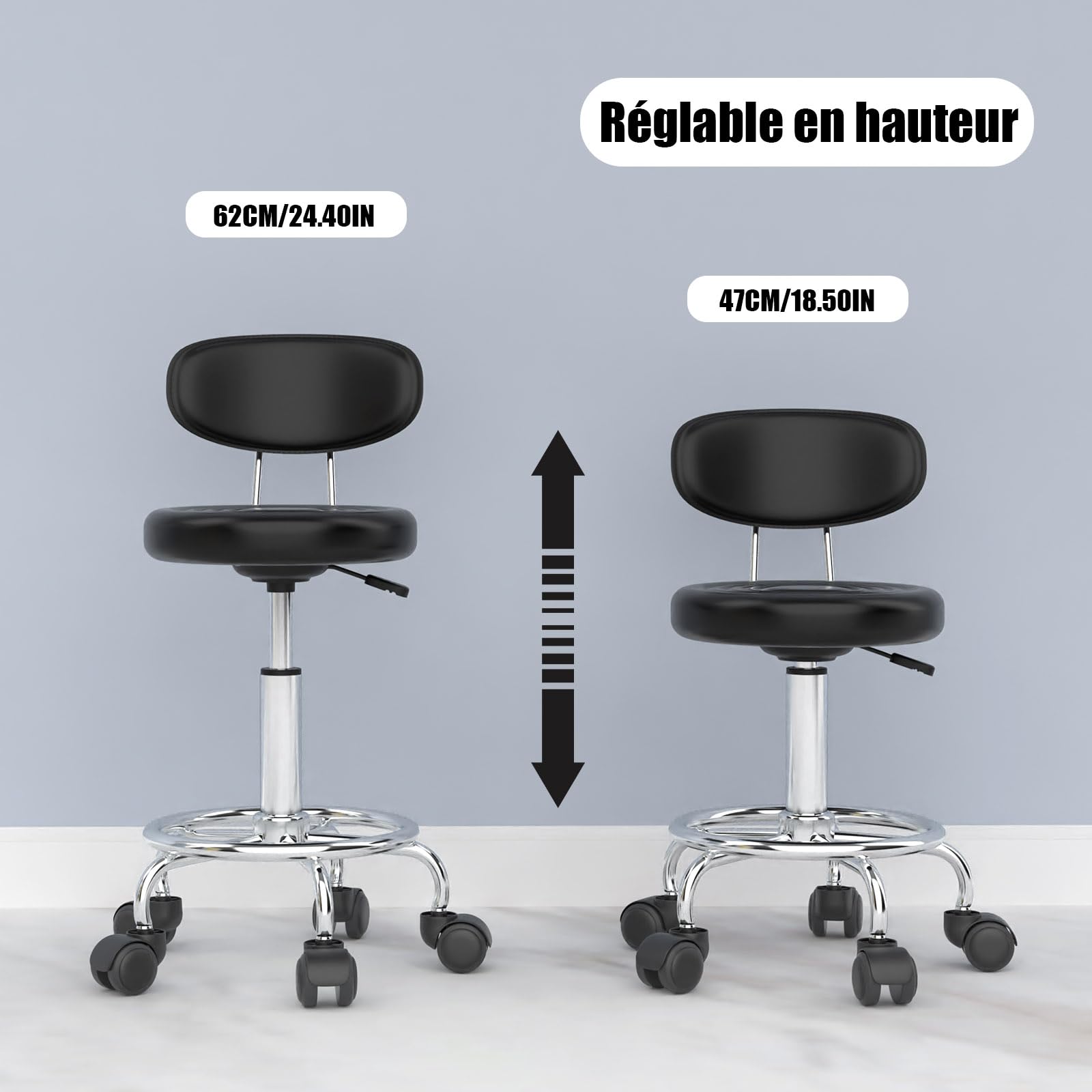 PIPIPOXER Lot de 2 Tabourets de Bureau avec Dossier, Pivotant 360°, Réglable en Hauteur 47-61,5 cm, Ergonomique, Noir