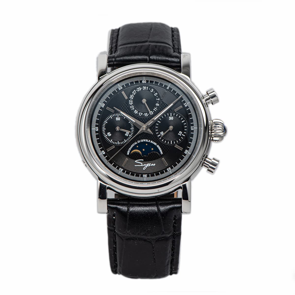 Sugess Mechanical Men Watch Seagull Movement ST1908 Chronograph Vintage Moonphase Wrist Watch Genuine Leather Band Waterproof 50ATM, black, Chronograph,Mechanical