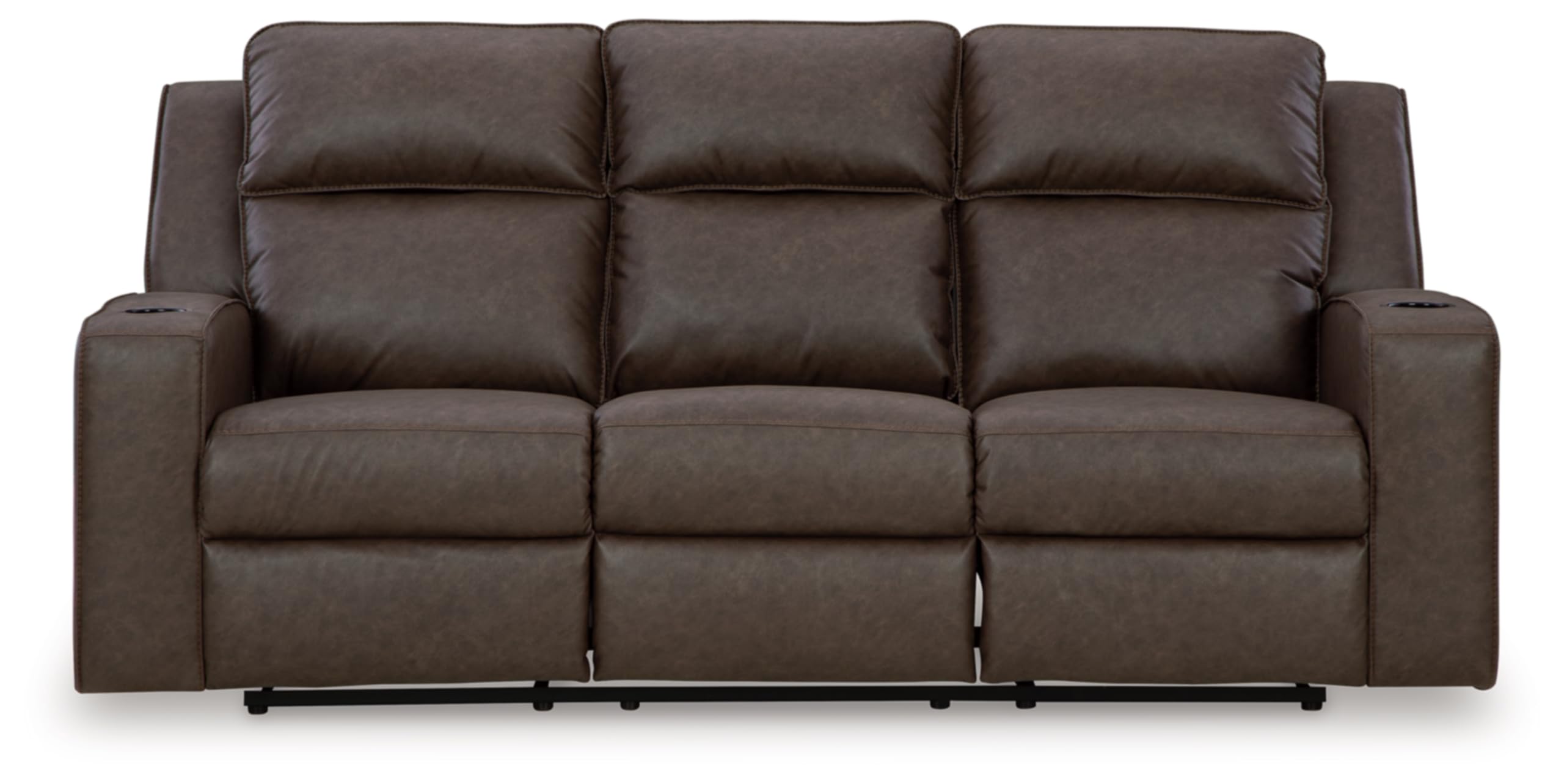 Signature Design by Ashley Lavenhorne Modern Faux Leather Manual Reclining Sofa with Drop Down Table, Cup Holders and USB Ports, Dark Brown