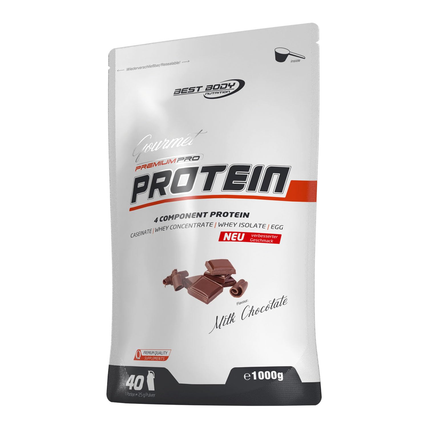 Best Body Nutrition Gourmet Premium Pro Protein Milk Chocolate 1000g, 4 Komponenten Eiweißpulver mit Caseinat, Whey, Isolat, Eiprotein – Mehrkomponenten Protein, cremiger Shake