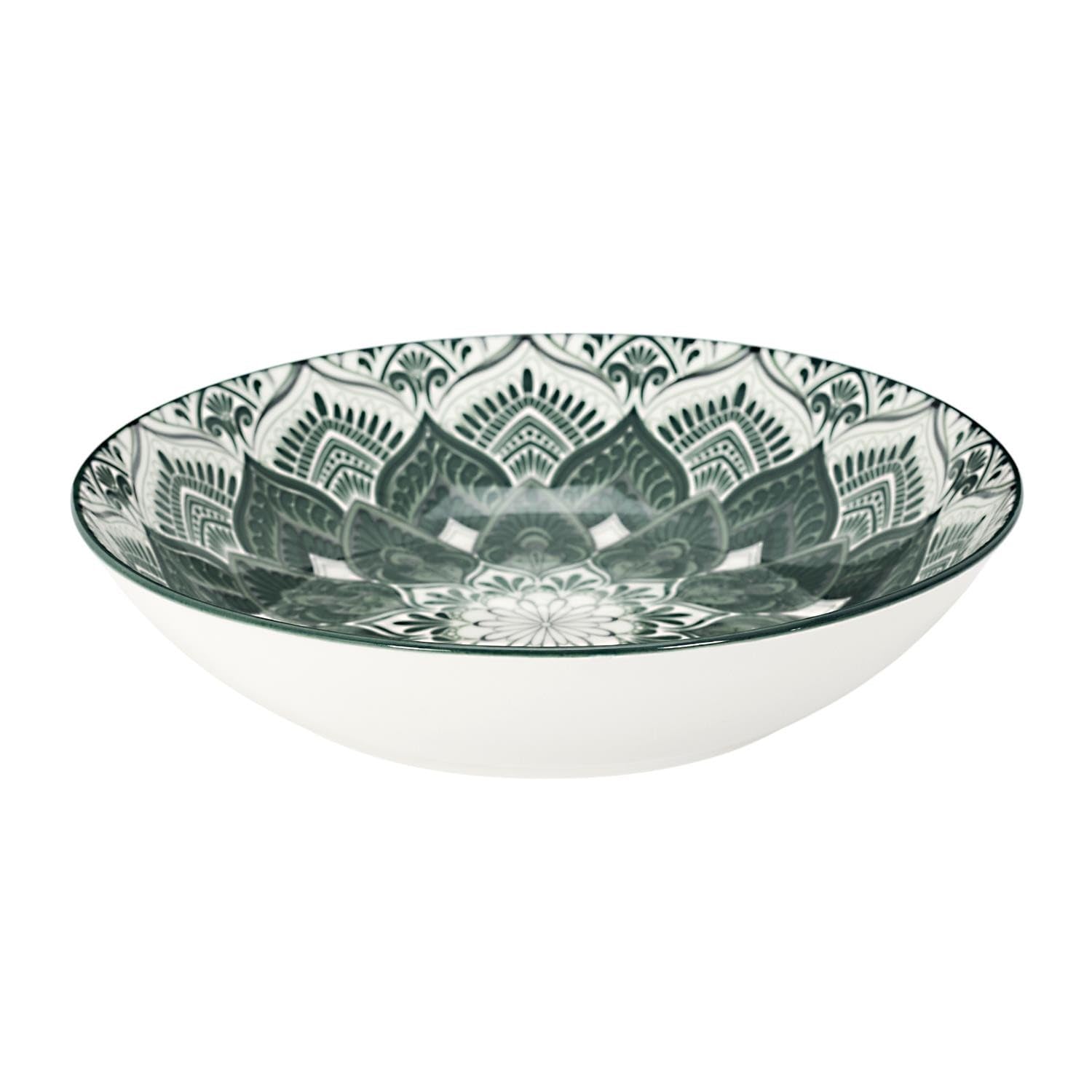 Service de table Indi 12 pièces, assiettes en porcelaine vertes et blanches, lot de 4 assiettes plates de 27 cm, 4 assiettes à dessert 19 cm, 4 assiettes creuses de 20 cm, motif mandala