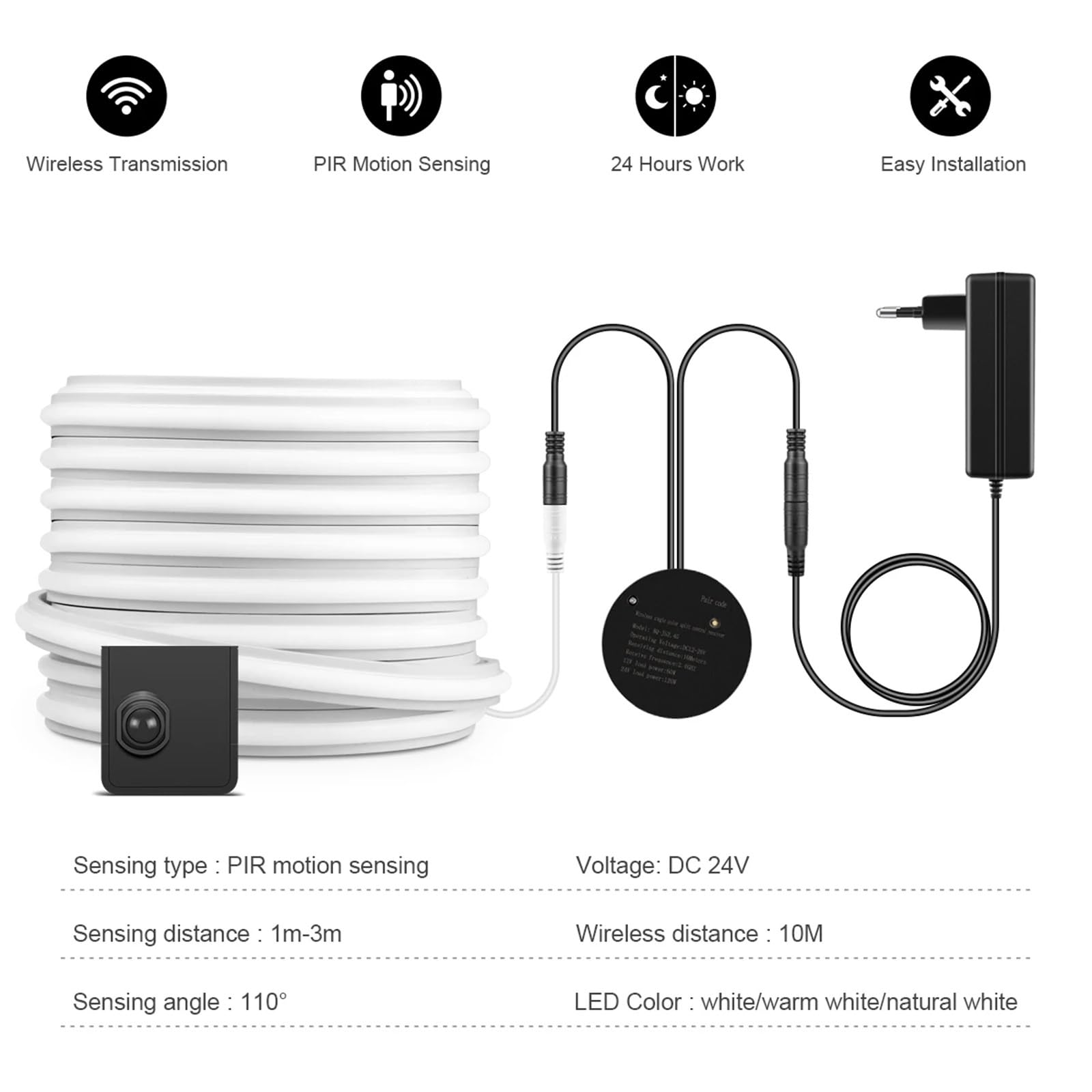 Interruptor de Sensor movimiento uno/Dual, tira luces LED neón, Control receptor inalámbrico, interruptor inteligente, luz for pasillo y escalera(Warm White,2PCS Sensor -EU,3M Kit)