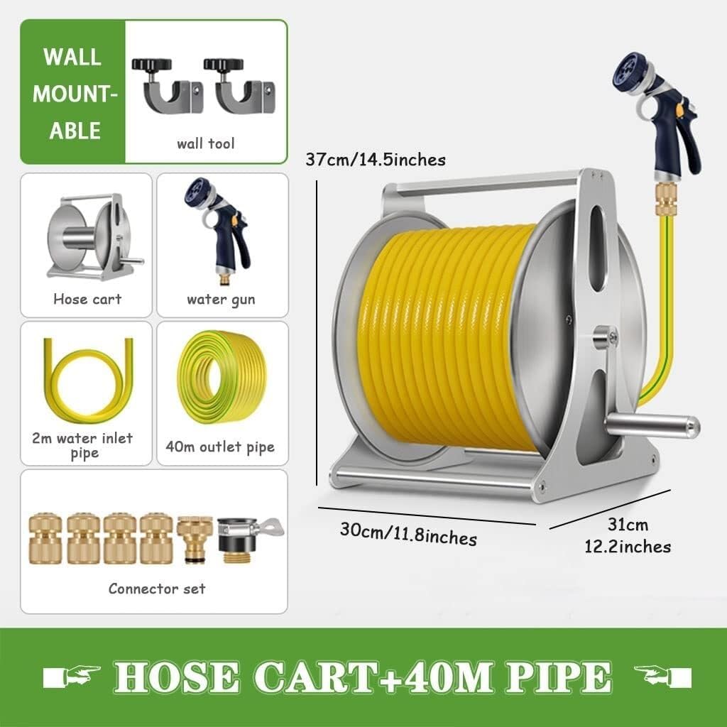 Hose Reel Cart with 20m PVC Hose, Stainless Steel Alloy Frame, 8 Water Spray Modes, Portable Garden Organizer, Ideal for Outdoor Use, Silver(Hose Cart+40m Pipe)